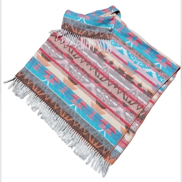 Rhonda Stark Southwestern Style Button Fringe Collar Poncho One size 30" - Picture 5 of 13